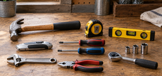 AI-generated editorial illustration of homeowner hand tool assortment