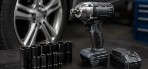 Editorial illustration: cordless impact wrench with impact sockets beside a vehicle wheel.