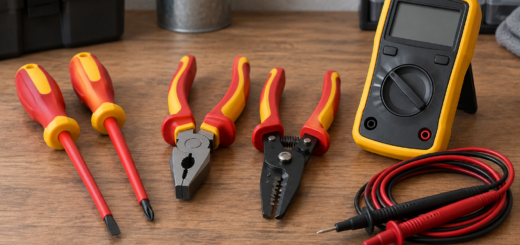 AI-generated editorial illustration of insulated electrical tools