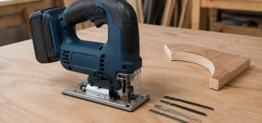 Editorial illustration: cordless jigsaw with loose blades and a curved wood cutout.