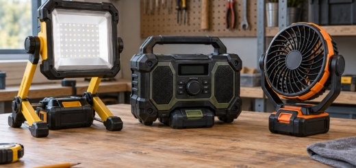 AI-generated editorial illustration of jobsite light radio fan
