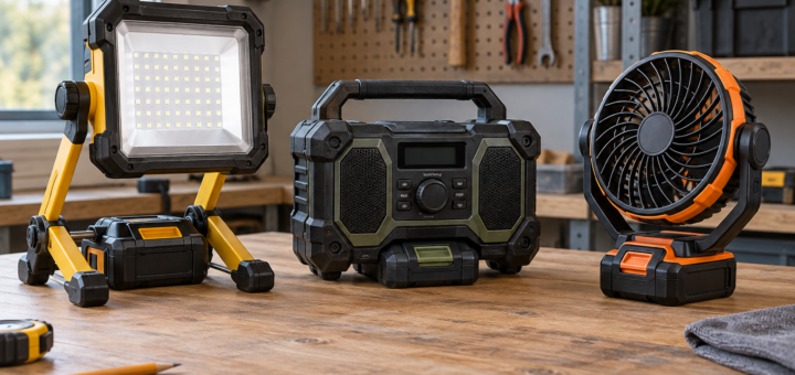 AI-generated editorial illustration of jobsite light radio fan