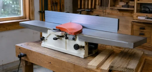 Editorial illustration: benchtop jointer with long flat tables and a cutter guard.