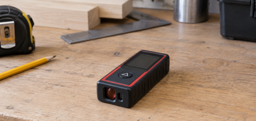 Editorial illustration: laser distance meter lying on a bench with its screen unlit.