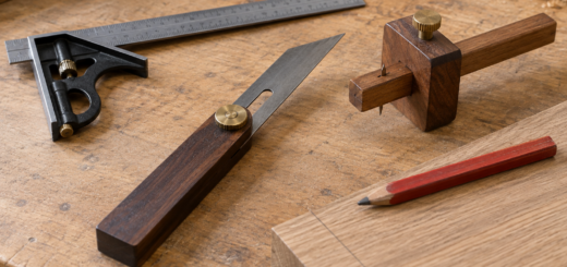 AI-generated editorial illustration: combination square, sliding bevel, marking gauge and carpenter pencil.