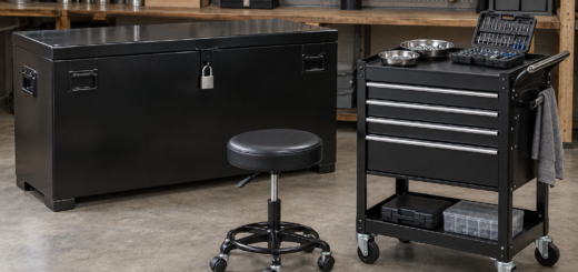 AI-generated editorial illustration of locking toolboxes and rolling carts