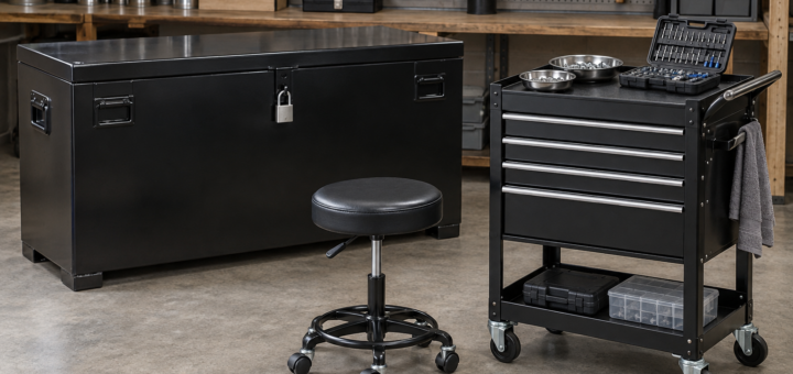 AI-generated editorial illustration of locking toolboxes and rolling carts