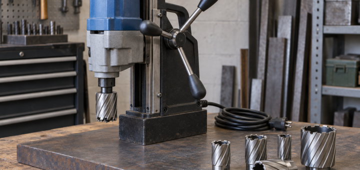 AI-generated editorial illustration of magnetic drill and annular cutters
