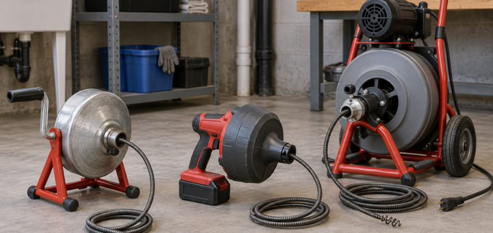AI-generated editorial illustration of manual and powered drain augers