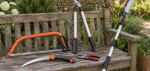 AI-generated editorial illustration of manual garden saws and loppers