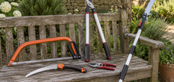 AI-generated editorial illustration of manual garden saws and loppers