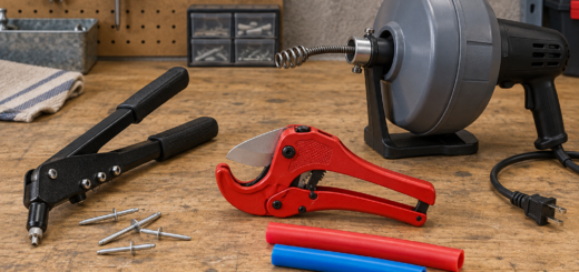 AI-generated editorial illustration of manual riveter pex cutter and electric drain auger