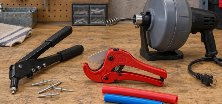 AI-generated editorial illustration of manual riveter pex cutter and electric drain auger