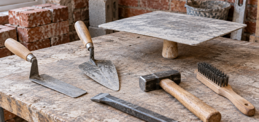 AI-generated editorial illustration of masonry repair handtools