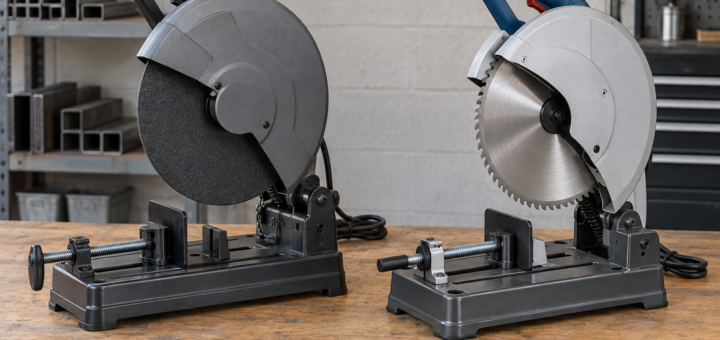 AI-generated editorial illustration of metal chop and abrasive cutoff saws
