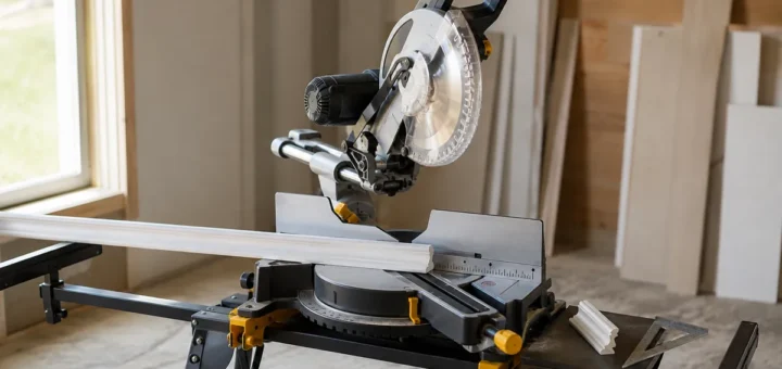 Editorial illustration: sliding miter saw on a stand in a woodworking shop.