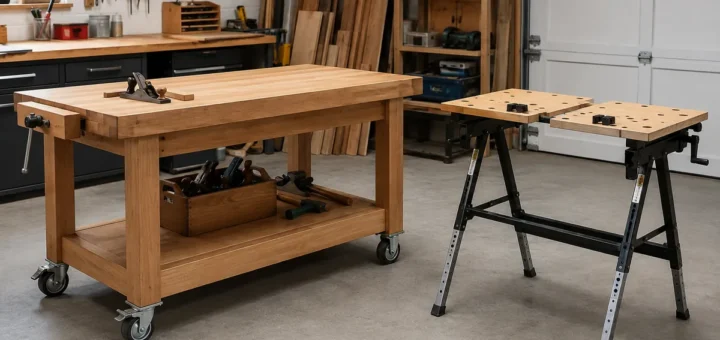 Editorial illustration: mobile wooden workbench and folding work table in a workshop.