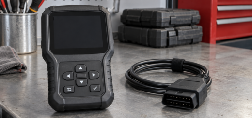 Editorial illustration: automotive OBD scanner with blank screen and diagnostic cable.