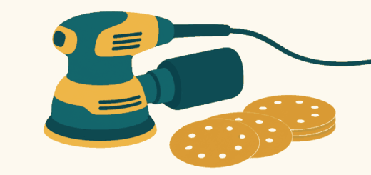 Editorial illustration: random orbital sander beside circular sanding discs.