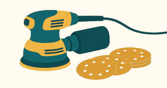Editorial illustration: random orbital sander beside circular sanding discs.