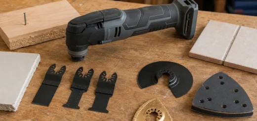Editorial illustration: oscillating multitool beside cutting blades and a triangular sanding pad.