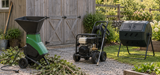 AI-generated editorial illustration of outdoor chipper and pressure washer