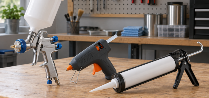 AI-generated editorial illustration of paint caulk and glue tools