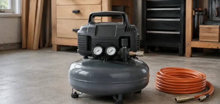 Editorial illustration: compact pancake air compressor beside an air hose.