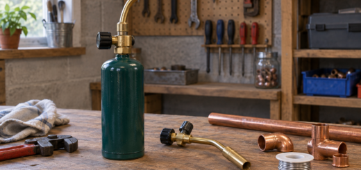 AI-generated editorial illustration of plumbing gas torch