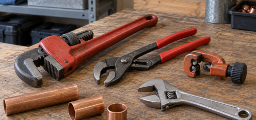 AI-generated editorial illustration of plumbing handtools