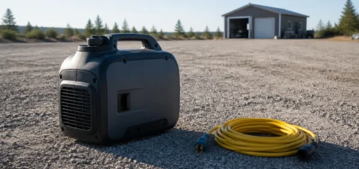 Editorial illustration: portable enclosed generator outside on open gravel.