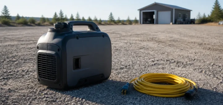 Editorial illustration: portable enclosed generator outside on open gravel.