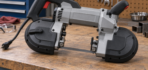 AI-generated editorial illustration of portable metal bandsaw