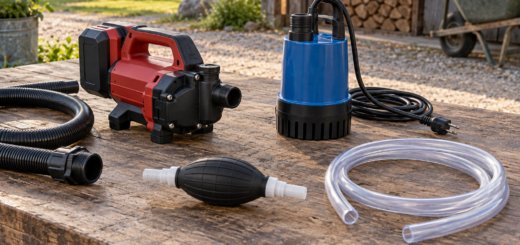 AI-generated editorial illustration of portable water transfer pumps