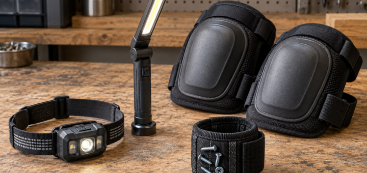 AI-generated editorial illustration of portable work lights and repair wearables