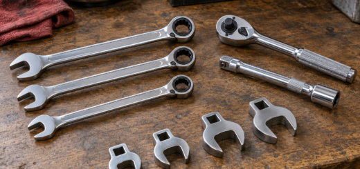 AI-generated editorial illustration of ratcheting wrenches and crowfoot heads