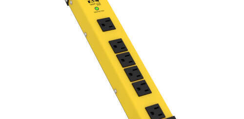 Yellow metal six-outlet surge protector with power switch, indicator and black end guards.