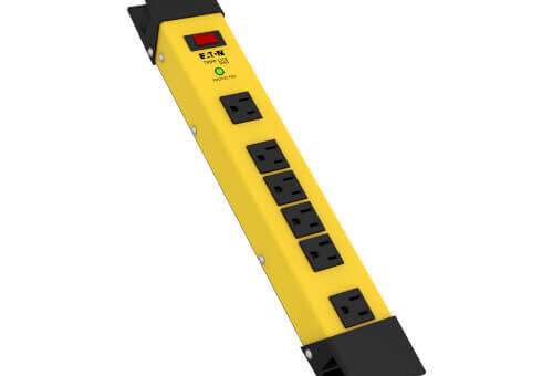 Yellow metal six-outlet surge protector with power switch, indicator and black end guards.
