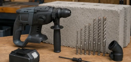 Editorial illustration: sDS-style rotary hammer with auxiliary handle and masonry drill bits.