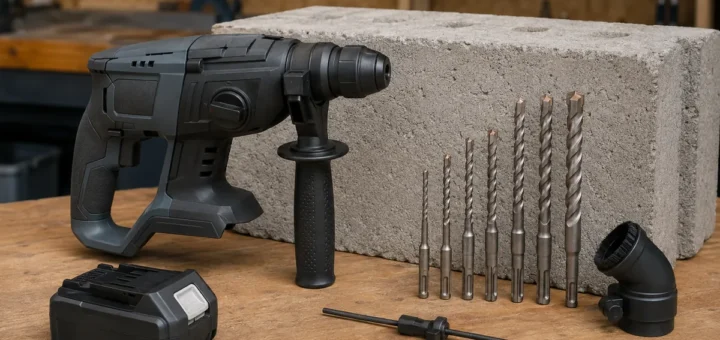 Editorial illustration: sDS-style rotary hammer with auxiliary handle and masonry drill bits.