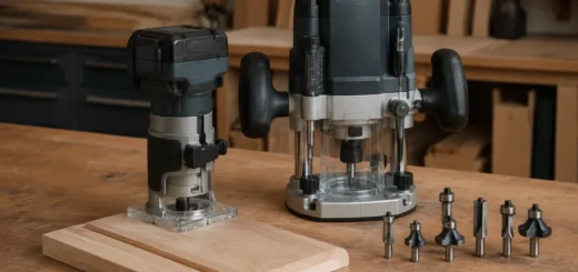 Editorial illustration: woodworking router with a small selection of router bits.