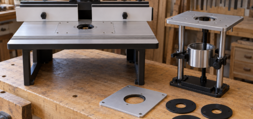 AI-generated editorial illustration of router table lift and insert plates