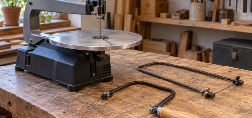 AI-generated editorial illustration of scroll saw and coping saw