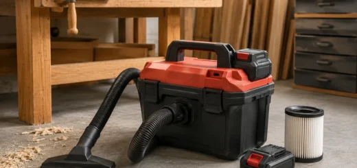 Editorial illustration: portable shop vacuum with hose and replacement cartridge filter.