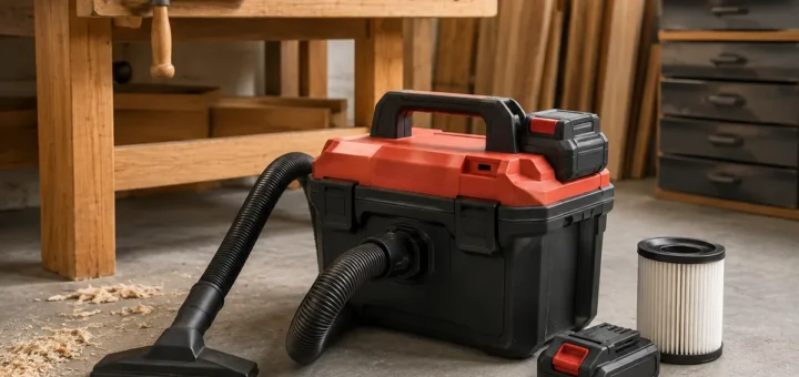 Editorial illustration: portable shop vacuum with hose and replacement cartridge filter.