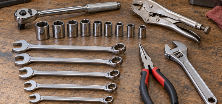 AI-generated editorial illustration of socket wrench pliers assortment