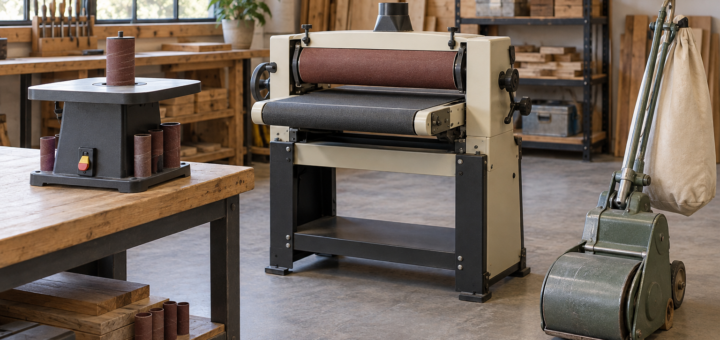 AI-generated editorial illustration of spindle drum and floor sanders