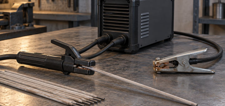 AI-generated editorial illustration of stick welder.