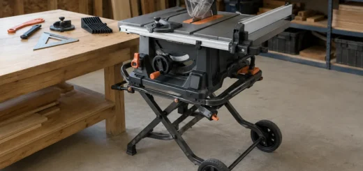 Editorial illustration: portable table saw on a wheeled stand in a workshop.
