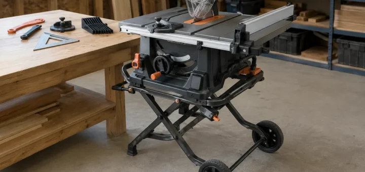 Editorial illustration: portable table saw on a wheeled stand in a workshop.